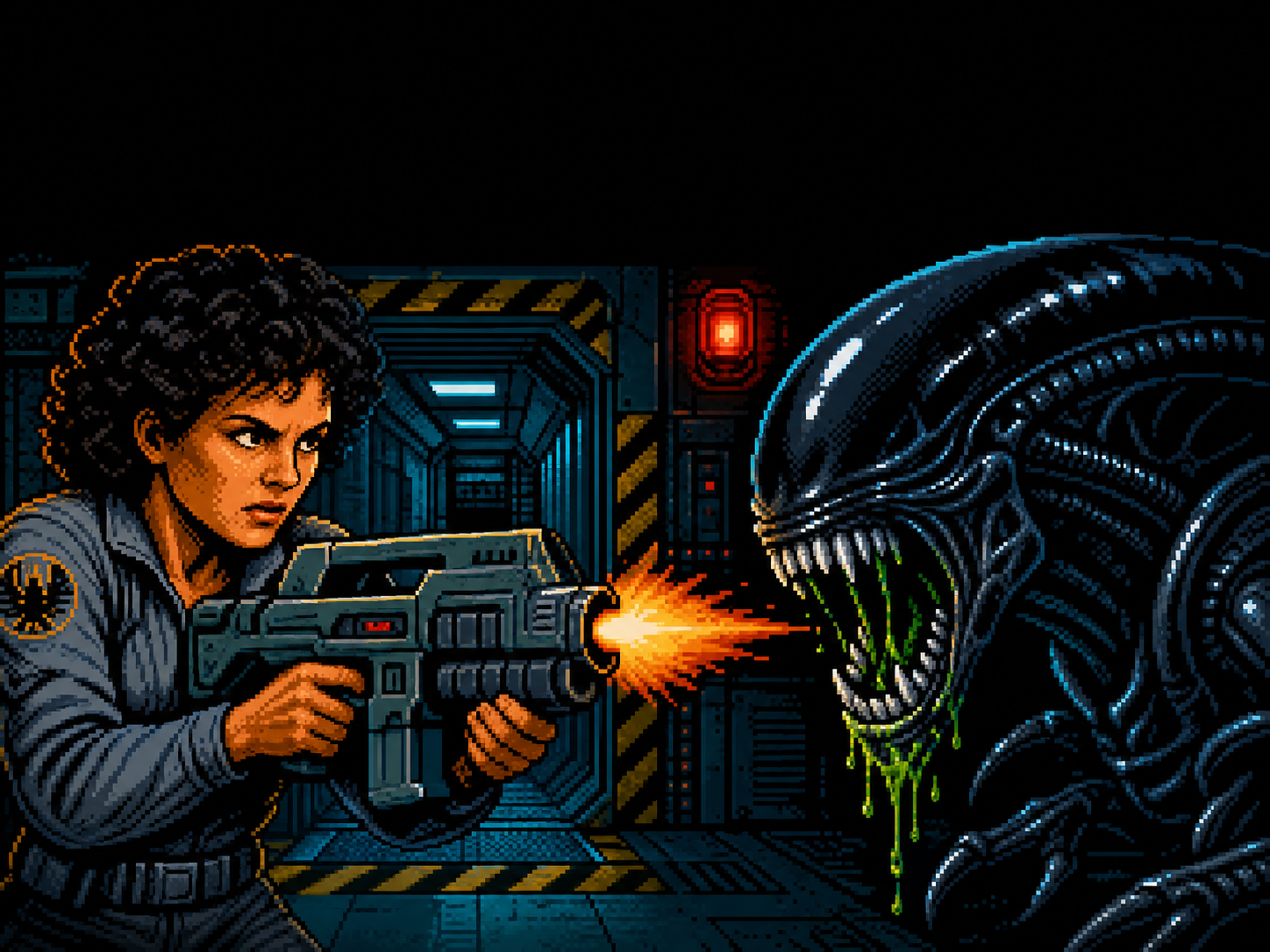 Ripley faces a Xenomorph in a colony corridor